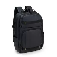 Mochila com capacidade máxima de 23 litros. Confeccionada em poliéster 900D com acabamento impermeável de couro sintético, possui estrutura interna acolchoada. Apresenta três compartimentos em tamanhos diferentes, incluindo um com divisória interna para notebooks de até 17,3 polegadas e tira elástica com velcro para fixação. Conta com duas faixas frontais para encaixar bolsos modulares ou pendurar objetos variados. Dispõe de duas alças de mão, além de engate para malas e revestimento em tecido acolchoado respirável na região das costas e nas alças de ombro.