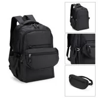 Conjunto formado por mochila e pochete confeccionadas em tecido sintético impermeável. A mochila possui capacidade máxima de 25 litros e estrutura interna em espuma acolchoada, três compartimentos em tamanhos diferentes e fechamento em zíper com puxadores em plástico; um deles com divisória para notebooks de até 15,6 polegadas. Apresenta ainda engates laterais de compressão com fivelas plásticas, dois bolsos laterais abertos, uma alça de mão, duas alças de ombros e área posterior com revestimento em tecido acolchoado respirável. A pochete apresenta compartimento único com fechamento em zíper e cinto ajustável com fivela plástica de encaixe.