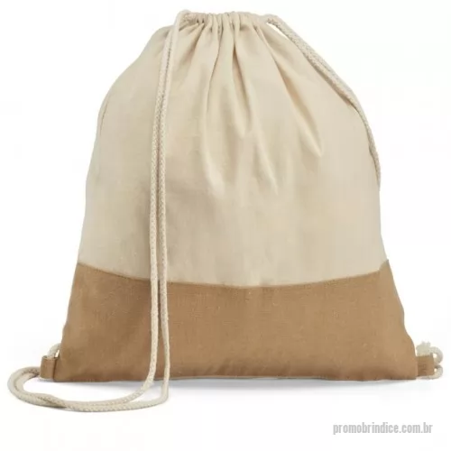 Mochila saco personalizada - Sacola tipo mochila 100% algodão: 160 g/m². Detalhe em juta. Alças em algodão de 65 cm. 370 x 410 mm