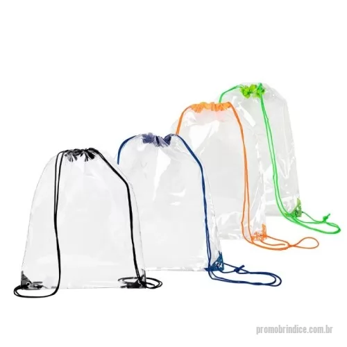 Mochila saco personalizada -  Sacochila em PVC transparente com detalhes em tecido nylon, alças reguláveis e dois ilhós metálicos.
