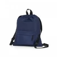 Mochila saco em poliéster resistente à água com bolso frontal. A mochila possui duas alças de mãos e área costada antitranspirante.