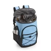 Mochila térmica confeccionada em poliéster impermeável com detalhes em couro sintético e capacidade máxima de 13 litros.