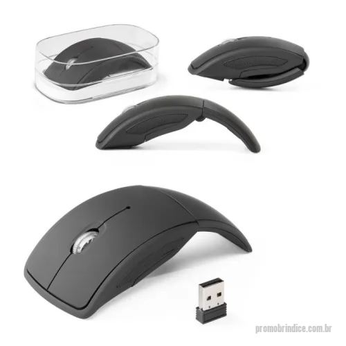 Mouse dobrável personalizado - Mouse wireless dobrável 2.4G. em ABS com acabamento emborrachado. Incluso 2 pilhas AAA. Fornecido em caixa transparente.