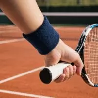Par de munhequeiras esportivas para absorção de suor, confeccionadas em tecido atoalhado composto por poliéster, polipropileno e fibra elástica à base de dieno.