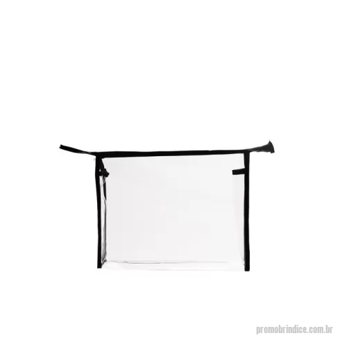 Necessaire em Pvc personalizado - Nécessaire em PVC transparente com fechamento em zíper e detalhes em nylon, incluindo uma pequena alça lateral.