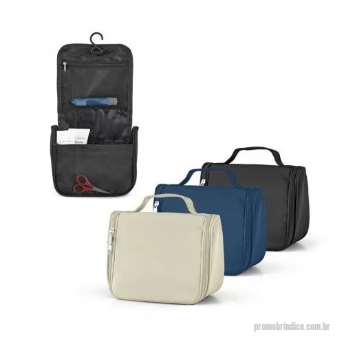 Nécessaire personalizado - Bolsa de cosméticos em microfibra com vários bolsos interiores e gancho de pendurar.