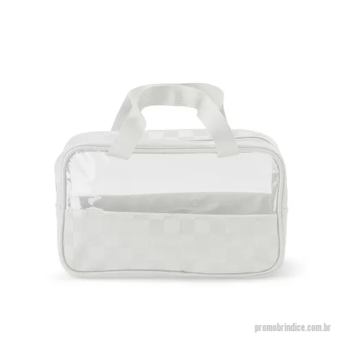 Nécessaire personalizado - Nécessaire em PVC e couro sintético impermeável, formato xadrez, fechamento em zíper, visor transparente, duas alças em nylon.