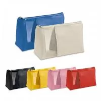 Necessaire para cosméticos em microfibra com bolso lateral em tela. Disponível nas cores: preto, bege, azul, vermelho, amarelo e rosa.