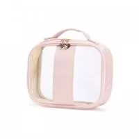 Necessaire impermeável de PVC e PU tamanho P, parte interna com revestimento em tecido, possui alça superior para as mãos, e detalhe dourado em formato de coração no zíper.
