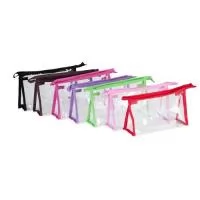 Necessaire plástica transparente com detalhe colorido em nylon.