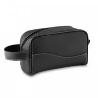 Necessaire de couro sintético e nylon, contém alça para transporte e alça pequena para acesso de chaveiro ou gancho.