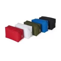 Necessaire de nylon inteira colorida com zíper na parte superior e forro emborrachado.