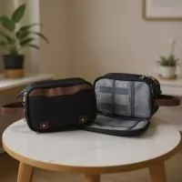 NECESSAIRE EM NYLON MEDIDA 24X15X12CM COM 3 COMPARTIMENTOS. FECHAMENTO EM ZÍPER, ALÇA DE MÃO NO COURO SINTETICO.