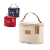 Bolsa de cosméticos em microfibra com detalhe em c. sintético e zíper duplo. 180 x 120 x 100 mm