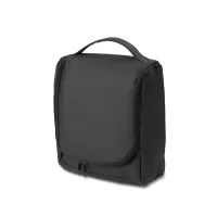 Necessaire confeccionada em PU, com dois compartimentos internos com zíper, gancho para pendurar e alça de mão.