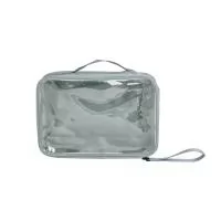Nécessaire confeccionada em nylon, com frente em visor transparente, fechamento por zíper e alça superior. Inclui também uma alça de transporte em nylon.