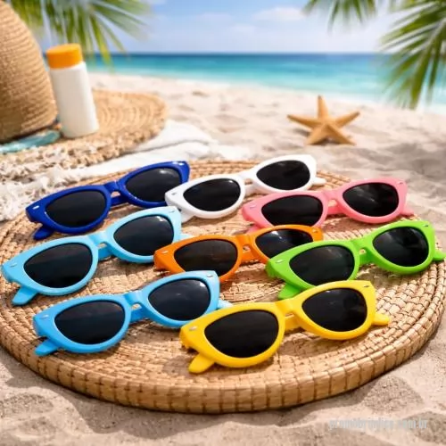 Óculos de sol personalizados - Óculos de sol modelo gatinho produzidos em polipropileno, com peso de 21 gramas, largura total de 15,0 cm, altura de 4,2 cm e haste aberta de 13,5 cm, apresentando estrutura leve e confortável que se ajusta bem ao uso prolongado. Seu design moderno c