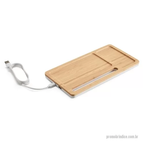 Organizador de mesa personalizado - Organizador de Mesa bambu com Carregador Wireless Personalizado