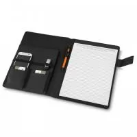 Pasta executiva com bloco de anotações, suporte para celular, caneta, porta cartões, capa com material sintético, 20 folhas.