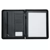 Pasta convenção de couro sintético com zíper, possui 2 compartimentos grandes para arquivar documentos, compartimento interno com zíper, 7 divisórias pequenas para documentos, suporte com visor para cartão de identificação, suporte para caneta(não acompanha caneta) e bloco com 20 folhas pautadas.