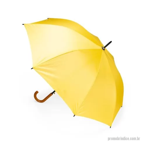 Pegador personalizado - Guarda-chuva em poliéster de impacto impermeável com abertura automática por botão em plástico. Possui estrutura com haste em metal, pegador em polipropileno (PP) com acabamento semelhante à madeira, oito varetas metálicas e faixa para fechamento em 