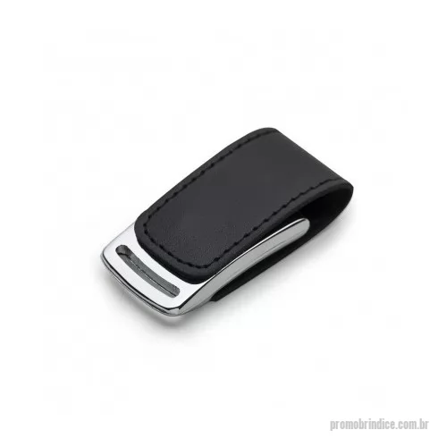 Pen Drive personalizado - Pen drive de couro 4GB com costura preta e detalhe prata(linha vazada na parte inferior do metal). Possui imã para abrir/fechar.