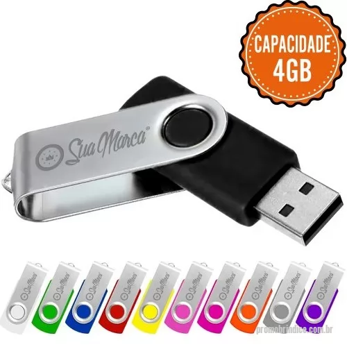 Pen Drive personalizado - Pen drives giratórios personalizados, confeccionados com parte interna de plástico super resistente e ferrinho giratório que serve como tampa de proteção para a memoria. Disponível com diversas opções de cores e capacidades.