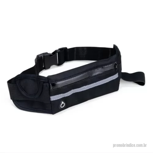 Pochete personalizado - Pochete esportiva confeccionada em neoprene impermeável. Possui cinto elástico ajustável com fivela plástica de encaixe, compartimento principal com fechamento em zíper, faixa refletiva frontal e saída para fones de ouvido, além de bolso compacto lateral com fechamento por velcro e suporte elástico para garrafa.