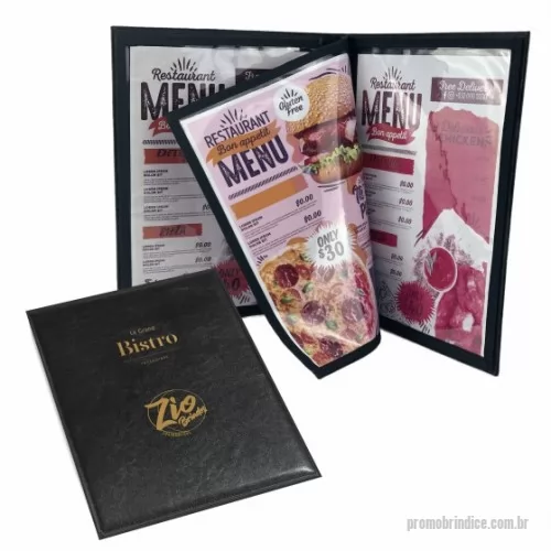 Porta cardápio personalizada - Porta Menu ou Cardápio – CDP1 capa dura revestida por couro legítimo ou sintético nobre liso, as divisórias são confeccionadas com plásticos PP 0,30 de espessura e acabamento de costurado, possui locais para até 6 folhas de menus e cardápios A4. Esse tipo de divisória garante flexibilidades na troca de páginas. Pode ser personalizado em baixo relevo ou silkscreen 1 cor.