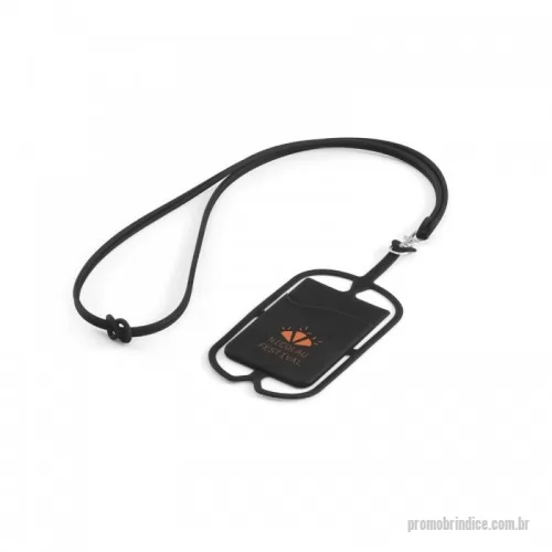 Porta cartão personalizada - Porta cartões em silicone com cordão e suporte para celular. Porta-cartões: 57 x 86 x 4 mm | Lanyard: 420 mm