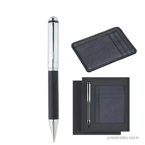 Porta cartão personalizada - Porta-cartão em material sintético com caneta esferográfica preta, ( escrita azul ) e detalhes prateados, vem na embalagem de presente.