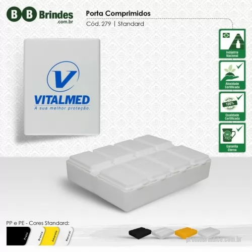 Porta comprimido personalizada - Porta comprimido Personalizada 279S com sua logomarca. 20 anos ajudando a cotar Brindes Promocionais com várias empresas num único clique. Porta comprimidos retangular com 8 compartimentos, tampa articulada, com dias da semana.Porta comprimidos retangular com 8 compartimentos, tampa articulada, com dias da semana.Porta comprimido Personalizada, 80857, Bb Brindes. Clique e Cote no Portal PromoBríndice!