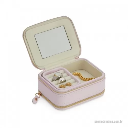 Porta joia personalizada - Porta joias de couro sintético com dois compartimentos de revestimento aveludado. Possui compartimento para anéis, brincos, pulseiras e colares.