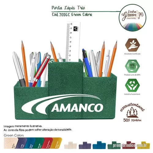 Porta lápis ecológico personalizada - Porta Lápis Trio Green Colors com três cavidades, de alturas diferentes e design com linhas retas. Feito com 50% de fibra de madeira de reflorestamento e 50% de Plástico Premium (PP), disponível em 6 cores especiais que utilizam pigmentos orgânicos na fabricação. Seu design é prático, funcional e versátil, ideal para organizar a mesa com itens de escritório, maquiagens, cosméticos dentre outros.! Excelente brinde para escritórios, escolas e setor de beleza e cosméticos.