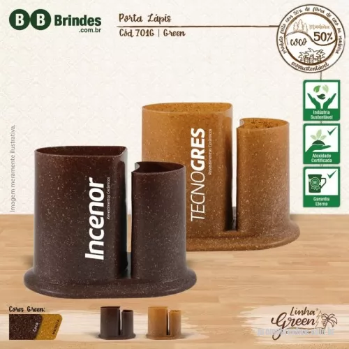 Porta lápis ecológico personalizada - LANÇAMENTO SUSTENTÁVEL! Porta Lápis com duas cavidades com espaço para cartão de visita. Feito com 50% de Fibra de coco ou Fibra de Madeira de Reflorestamento. Seu design arredondado é de exclusividade do Grupo BB! Excelente brinde para escritórios e