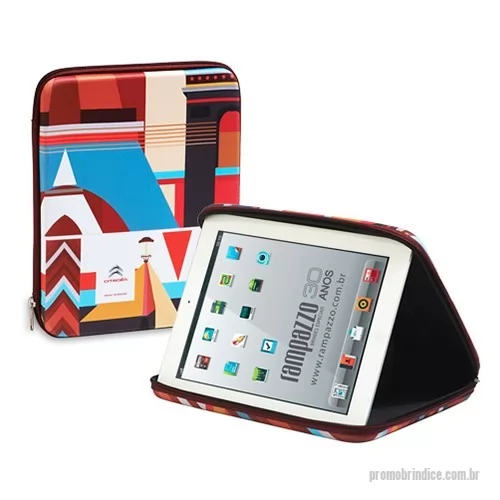 Porta tablet personalizada - Porta Tablet confeccionado em material resistente, confere proteção e maior praticidade para transportar, pode ser personalizado de inúmeras maneiras; possui fechamento em zíper e bolso interno; arte em impressão de alta qualidade ou alto relevo.