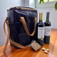 BOLSA TÉRMICA PARA VINHO 32X25X16CM NO MATERIAL SINTETICO CEDRO, PARTE INTERNO COMPARTIMENTO  PARA VINHO, BOLSOS LATERAIS EM TELA VOLEI, 1 BOLSO FRONTAL DO MESMO SINTETICO, ALÇA EM FITA CA 25MM, FECHAMENTO EM ZIPER.