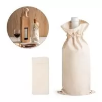 Sacola para garrafa em 100% algodão (180 g/m²) com cordão para fechar, também em algodão. 