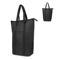 Bolsa térmica em poliéster 600D com alça para transporte de vinhos, com uma divisória internas e bolso frontal, confeccionada em poliéster 600D e interior soldado.