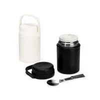 Pote térmico com capacidade máxima de 500ml. Possui estrutura de parede dupla com interior em inox 304 e exterior em inox 201 com pintura eletrostática, além de base antiderrapante em silicone. Conta com duas tampas rosqueáveis em plástico polipropileno (PP): a interna possui anel de vedação em silicone e espaço para guardar a colher retrátil, enquanto a externa apresenta alça para transporte. Acompanha colher retrátil e inox 304.  Altura :  15,5 cm  Largura :  10,7 cm