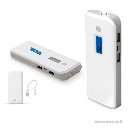 Power bank personalizado - Power Bank de plástico resistente, com 4 baterias internas, com que indicador de energial digital, com lanterna e cabo USB.