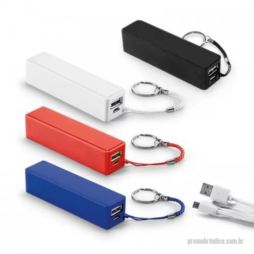 Power bank personalizado - Bateria portátil em ABS. Bateria de lítio com capacidade de 1.000 mAh, tempo de vida ? 500 ciclos e com entrada/saída 5V/1A. Incluso cabo USB / micro USB para carregar a bateria. 96 x 22 x 24 mm