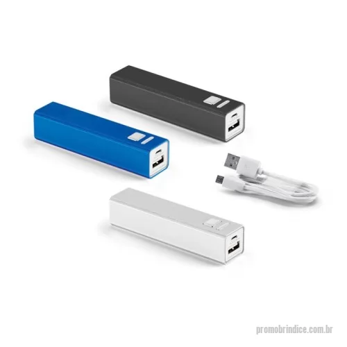 Power bank personalizado - Bateria portátil em alumínio. Bateria de lítio com capacidade de 2.200 mAh, tempo de vida ? 500 ciclos, uma porta de entrada microUSB e uma porta de saída USB-A. Incluso cabo micro USB para carregar a bateria. 95 x 23 x 22 mm