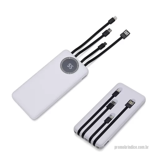 Power bank personalizado -  Carregador portátil de 10.000mAh com display digital indicador de bateria, contém duas lanternas de led e quatro cabos de saída acoplados, sendo: saída Lightning, saída Tipo-C, saída V8 e saída USB. O carregador possui uma porta USB dupla (entrada e saída) com carga rápida e outras duas portas de entrada: V8 e Tipo-C. Acompanha cabo USB.