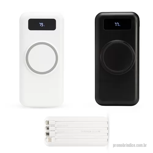Power bank personalizado - Carregador portátil power bank com 10.000mAh e carregamento via indução ou via cabo. Com display digital indicador de bateria, o carregador contém quatro cabos acoplados: Lightning, Tipo-C, V8 e saída USB para o carregamento da própria bateria. Portas de entrada: V8, Tipo-C e duas portas USB.