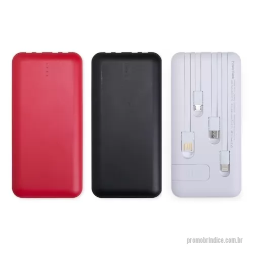 Power bank personalizado - Nosso power bank 10.000mAh 4 em 1 é uma solução prática e eficiente para manter os dispositivos sempre carregados, mesmo quando estiver em movimento. Feito em plástico, possui cabos acoplados com saídas para: Lightning, tipo-C, micro-USB e USB. Apresenta entradas USB-C e micro-USB dedicados apenas para a recarga do aparelho, além de suporte lateral para celular integrado, além de duas lanternas para situações de emergência. Sua entrada micro-USB 5V=2.1A e saída USB 5V=2.1A, oferece um desempenho eficiente e rápido para o dia a dia.  Largura :  6,9 cm  Comprimento :  14,2 cm  Espessura :  2,2 cm