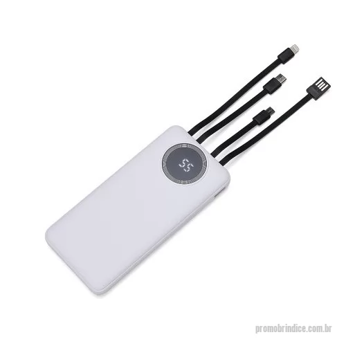 Power bank personalizado - Carregador portátil de 10.000mAh com display digital indicador de bateria, contém duas lanternas de LED e quatro cabos com saídas para: cabo Lightning, USB-C, micro USB e USB. O carregador possui uma porta USB dupla (entrada e saída) com carga rápida e duas entradas, USB-C e micro USB, exclusivas para o carregamento do próprio dispositivos Acompanha cabo USB para recarga.  Largura: 6,9 cm Comprimento: 14,4 cm Espessura: 2 cm Medidas aproximadas para gravação: (CxL): 5 cm x 8 cm Material: Plástico Entrada-Saída: 2.1A