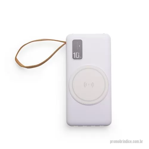 Power bank personalizado - Power Bank em plástico, 10.000mAh. Quatro cabos integrados (Lightning, USB-C, Micro-USB, USB), área de recarga por indução e lanterna LED.