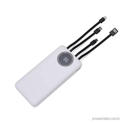 Power bank personalizado - Carregador portátil plástico com 10.000mAh e indicador led de bateria. Possui entrada V8, acompanha cabo USB, adaptador lightning e adaptador tipo-C.