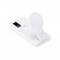 Carregador portátil plástico via indução ou via cabo com 10.000mAh e indicador led de bateria. Com suporte inclinável para o carregamento via indução, o power bank possui duas portas de saídas USB, possibilitando o carregamento de dois dispositivos simultaneamente. Contém porta de entrada tipo-C, V8 e acompanha cabo USB.